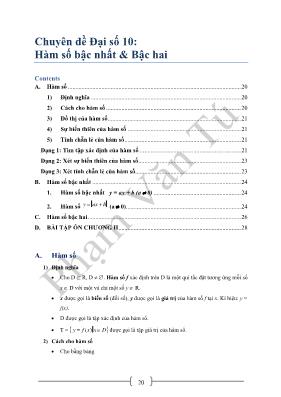Chuyên đề Đại số 10 Hàm số bậc nhất & Bậc hai
